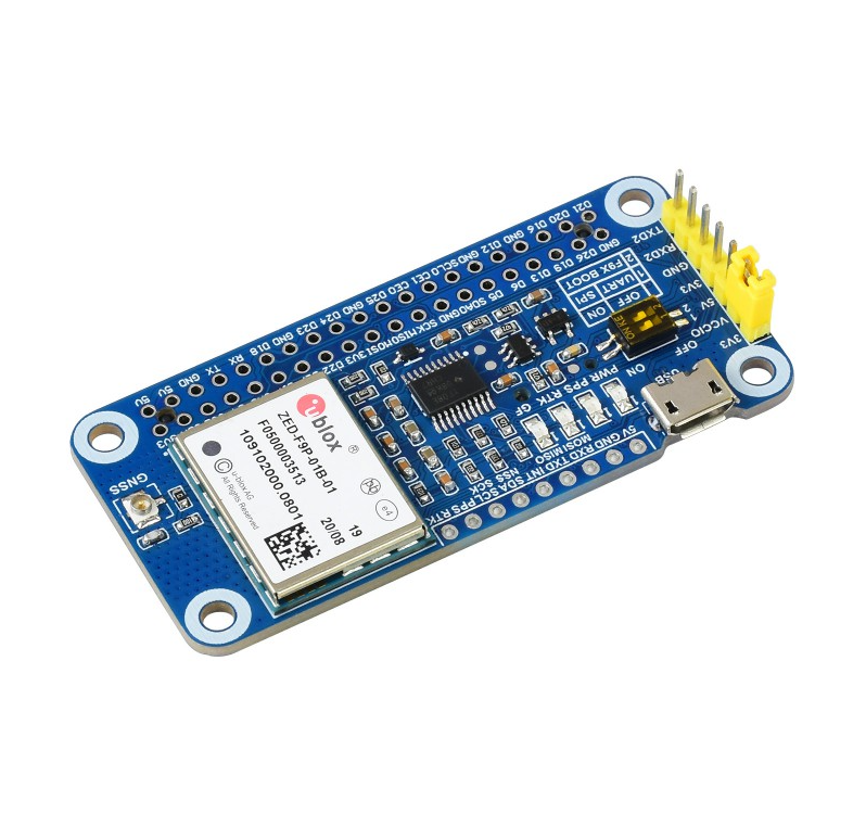 Mô-đun định vị GPS RTK ZED-F9P gắn HAT cho Raspberry Pi – định vị đa tần số, độ chính xác centimet, hỗ trợ GNSS toàn cầu