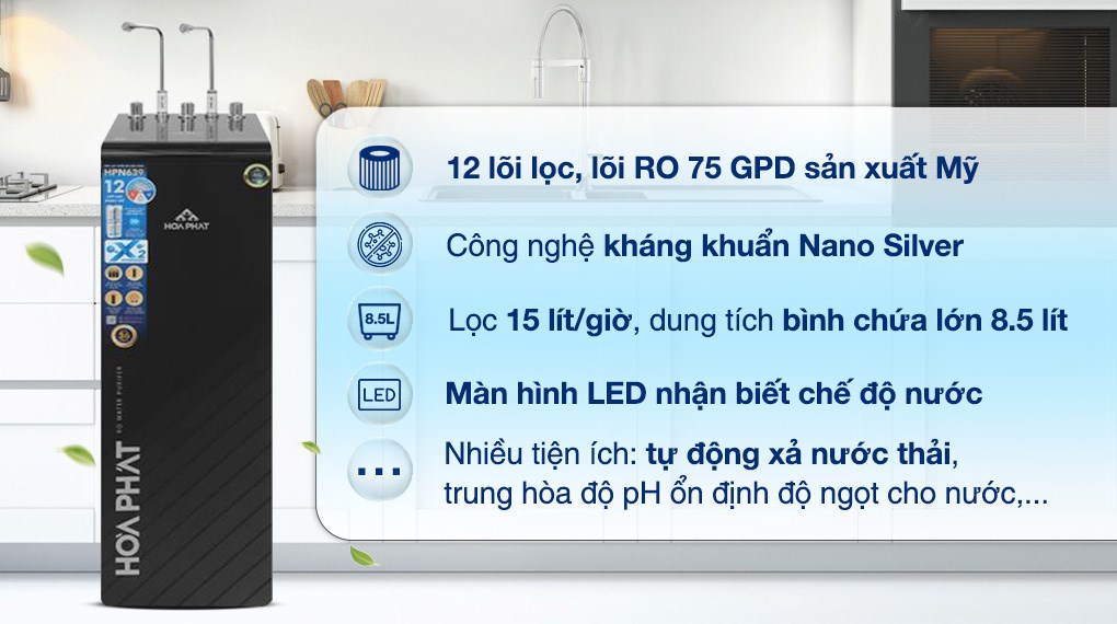 Hòa Phát HPN639 RO Water Purifier with Hot, Warm, and Cold Water – 12 Filters