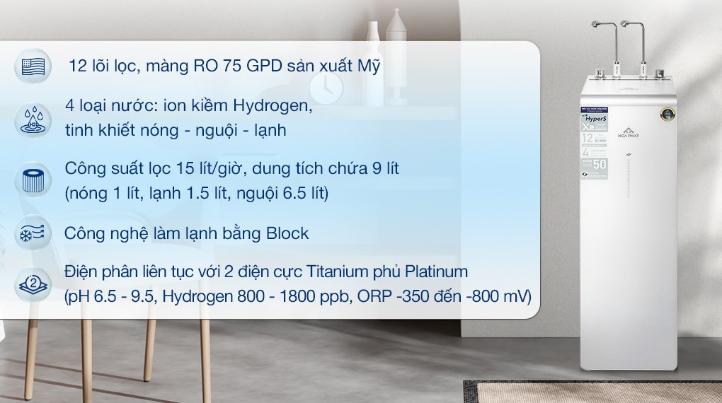 Hoa Phat HPA885 RO Water Purifier with Hot, Cold, and Room Temperature Water, Hydrogen Alkaline Ion, 12 Filters